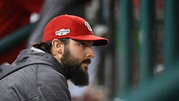 Oct 7, 2016; Washington, DC, USA; Washington Nationals starting pitcher Tanner Roark (57) looks out from the dugout against the Los Angeles Dodgers in the eighth inning during game one of the 2016 NLDS playoff baseball series at Nationals Park. Mandatory Credit: Brad Mills-USA TODAY Sports