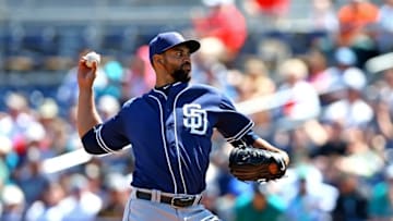 Mar 30, 2016; Peoria, AZ, USA; San Diego Padres pitcher Tyson Ross against the Seattle Mariners during a spring training game at Peoria Sports Complex. Mandatory Credit: Mark J. Rebilas-USA TODAY Sports