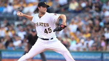 Aug 19, 2016; Pittsburgh, PA, USA; Pittsburgh Pirates starting pitcher Gerrit Cole (45) delivers a pitch against the Miami Marlins during the first inning at PNC Park. Mandatory Credit: Charles LeClaire-USA TODAY Sports