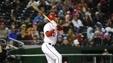 Sep 30, 2016; Washington, DC, USA; Washington Nationals second baseman Stephen Drew (10) hits a solo homer against the Miami Marlins during the fourth inning at Nationals Park. Mandatory Credit: Brad Mills-USA TODAY Sports