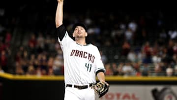 Sep 30, 2016; Phoenix, AZ, USA; Arizona Diamondbacks relief pitcher Daniel Hudson (41) points during the ninth inning against the San Diego Padres at Chase Field. Mandatory Credit: Matt Kartozian-USA TODAY Sports