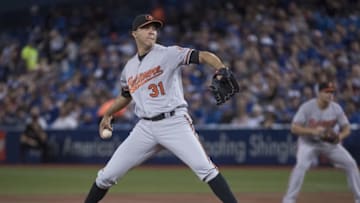 Sep 29, 2016; Toronto, Ontario, CAN; Baltimore Orioles starting pitcher Ubaldo Jimenez (31) throws a pitch during the first inning in a game against the Toronto Blue Jays at Rogers Centre. Mandatory Credit: Nick Turchiaro-USA TODAY Sports