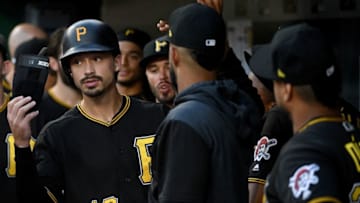 PITTSBURGH, PA - SEPTEMBER 04: Bryan Reynolds #10 of the Pittsburgh Pirates celebrates with teammates in the dugout after coming around to score on an RBI single by Josh Bell #55 in the first inning during the game against the Miami Marlins at PNC Park on September 4, 2019 in Pittsburgh, Pennsylvania. (Photo by Justin Berl/Getty Images)