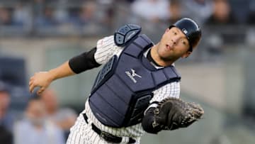 NEW YORK, NEW YORK - SEPTEMBER 19: Austin Romine #28 of the New York Yankees makes the catch for the out in the first inning against the Los Angeles Angels at Yankee Stadium on September 19, 2019 in Bronx borough of New York City. (Photo by Elsa/Getty Images)