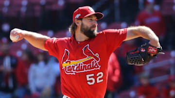 ST LOUIS, MISSOURI - OCTOBER 12: Michael Wacha #52 of the St. Louis Cardinals throws during batting practice prior to the start of game two of the National League Championship Series between the Washington Nationals and the St. Louis Cardinals at Busch Stadium on October 12, 2019 in St Louis, Missouri. (Photo by Scott Kane/Getty Images)