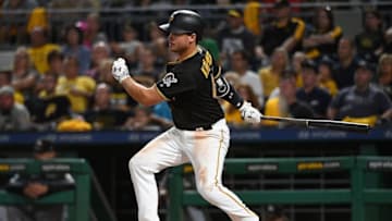 PITTSBURGH, PA - SEPTEMBER 07: Kevin Kramer #44 of the Pittsburgh Pirates hits an RBI single to center field in the seventh inning during the game against the Miami Marlins at PNC Park on September 7, 2018 in Pittsburgh, Pennsylvania. (Photo by Justin Berl/Getty Images)