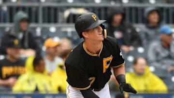 PITTSBURGH, PA - SEPTEMBER 08: Kevin Newman #27 of the Pittsburgh Pirates hits an RBI single to center field in the second inning during the game against the Miami Marlins at PNC Park on September 8, 2018 in Pittsburgh, Pennsylvania. (Photo by Justin Berl/Getty Images)