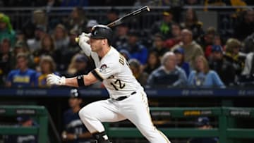 PITTSBURGH, PA - SEPTEMBER 22: Corey Dickerson #12 of the Pittsburgh Pirates singles to center field in the second inning during the game against the Milwaukee Brewers at PNC Park on September 22, 2018 in Pittsburgh, Pennsylvania. (Photo by Justin Berl/Getty Images)