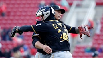 CINCINNATI, OH - MARCH 31: Keone Kela #35 of the Pittsburgh Pirates celebrates with Francisco Cervelli #29 after striking out the final batter in the ninth inning against the Cincinnati Reds at Great American Ball Park on March 31, 2019 in Cincinnati, Ohio. The Pirates won 5-0. (Photo by Joe Robbins/Getty Images)