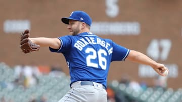DETROIT, MI - APRIL 7: Brad Boxberger #26 of the Kansas City Royals pitches during the ninth inning of the game against the Detroit Tigers at Comerica Park on April 7, 2019 in Detroit, Michigan. Detroit defeated Kansas City 3-1. (Photo by Leon Halip/Getty Images)