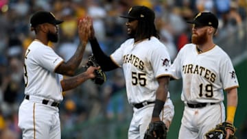 PITTSBURGH, PA - JUNE 22: Felipe Vazquez #73 of the Pittsburgh Pirates high fives with Josh Bell #55 after the final out in a 6-3 win over the San Diego Padres at PNC Park on June 22, 2019 in Pittsburgh, Pennsylvania. (Photo by Justin Berl/Getty Images)