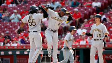 CINCINNATI, OH - MAY 29: Josh Bell #55 of the Pittsburgh Pirates celebrates with Starling Marte #6 after hitting a three-run home run in the seventh inning against the Cincinnati Reds at Great American Ball Park on May 29, 2019 in Cincinnati, Ohio. The Pirates won 7-2. (Photo by Joe Robbins/Getty Images)