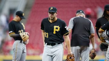 CINCINNATI, OH - JULY 29: Alex McRae #63 of the Pittsburgh Pirates reacts after being replaced in the second inning against the Cincinnati Reds at Great American Ball Park on July 29, 2019 in Cincinnati, Ohio. (Photo by Joe Robbins/Getty Images)