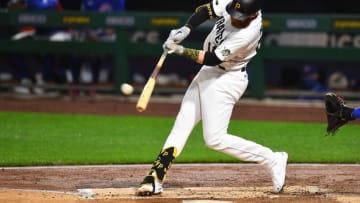 PITTSBURGH, PA - SEPTEMBER 02: Colin Moran #19 of the Pittsburgh Pirates hits a solo home run doing the second inning against the Chicago Cubs at PNC Park on September 2, 2020 in Pittsburgh, Pennsylvania. (Photo by Joe Sargent/Getty Images)