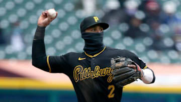 DETROIT, MI - APRIL 22: Third basemen Erik Gonzalez #2 of the Pittsburgh Pirates throws out Jonathan Schoop of the Detroit Tigers at first base during the second inning at Comerica Park on April 22, 2021, in Detroit, Michigan. (Photo by Duane Burleson/Getty Images)