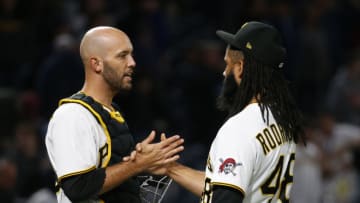 PITTSBURGH, PA - JUNE 22: Richard Rodriguez #48 of the Pittsburgh Pirates celebrates with Jacob Stallings #58 after closing out the game 6-3 during interleague play at PNC Park on June 22, 2021 in Pittsburgh, Pennsylvania. (Photo by Justin K. Aller/Getty Images)