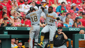 ST LOUIS, MO - JUNE 27: Gregory Polanco #25 of the Pittsburgh Pirates congratulates Ben Gamel #18 of the Pittsburgh Pirates after Gamel hit a home run against the St. Louis Cardinals in the fifth inning at Busch Stadium on June 27, 2021 in St Louis, Missouri. (Photo by Dilip Vishwanat/Getty Images)