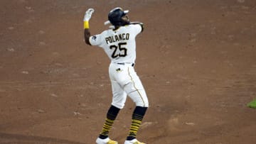 PITTSBURGH, PA - AUGUST 26: Gregory Polanco #25 of the Pittsburgh Pirates celebrates after hitting a two RBI double in the seventh inning against the St. Louis Cardinals during the game at PNC Park on August 26, 2021 in Pittsburgh, Pennsylvania. (Photo by Justin K. Aller/Getty Images)