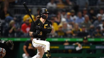 PITTSBURGH, PA - SEPTEMBER 07: Ben Gamel #18 of the Pittsburgh Pirates hits a two-run single during the sixth inning against the Detroit Tigers at PNC Park on September 7, 2021 in Pittsburgh, Pennsylvania. (Photo by Joe Sargent/Getty Images)