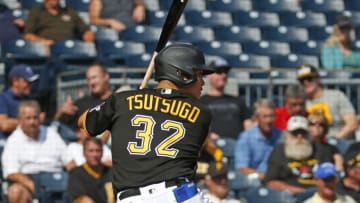 PITTSBURGH, PA - SEPTEMBER 16: Yoshi Tsutsugo #32 of the Pittsburgh Pirates bates in the eighth inning against the Cincinnati Reds during the game at PNC Park on September 16, 2021 in Pittsburgh, Pennsylvania. (Photo by Justin K. Aller/Getty Images)