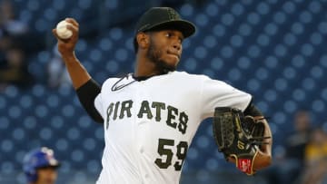 PITTSBURGH, PA - SEPTEMBER 29: Roansy Contreras #59 of the Pittsburgh Pirates makes his Major League debut against the Chicago Cubs at PNC Park on September 29, 2021 in Pittsburgh, Pennsylvania. (Photo by Justin K. Aller/Getty Images)
