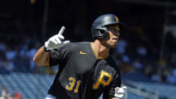 PITTSBURGH, PA - JUNE 05: Cal Mitchell #31 of the Pittsburgh Pirates reacts after hitting a home run in the fifth inning against the Arizona Diamondbacks during the game at PNC Park on May 5, 2022 in Pittsburgh, Pennsylvania. (Photo by Justin K. Aller/Getty Images)