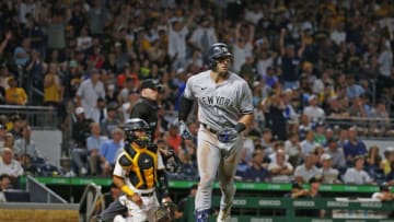 PITTSBURGH, PA - JULY 06: Joey Gallo #13 of the New York Yankees hits a home run in the sixth inning against the Pittsburgh Pirates at PNC Park on July 6, 2022 in Pittsburgh, Pennsylvania. (Photo by Justin K. Aller/Getty Images)