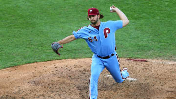 PHILADELPHIA, PA - AUGUST 09: Austin Davis #54 of the Philadelphia Phillies in action against the Atlanta Braves in game two of a double header at Citizens Bank Park on August 9, 2020 in Philadelphia, Pennsylvania. (Photo by Rich Schultz/Getty Images)