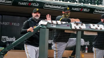 MINNEAPOLIS, MN - AUGUST 03: Manager Derek Shelton #17 of the Pittsburgh Pirates and bench coach Don Kelly #12 look on against the Minnesota Twins on August 3, 2020 at Target Field in Minneapolis, Minnesota. (Photo by Brace Hemmelgarn/Minnesota Twins/Getty Images)