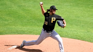VENICE, FLORIDA - MARCH 09: Miguel Yajure #50 of the Pittsburgh Pirates throws a pitch during the third inning against the Atlanta Braves during a spring training game at CoolToday Park on March 09, 2021 in Venice, Florida. (Photo by Douglas P. DeFelice/Getty Images)
