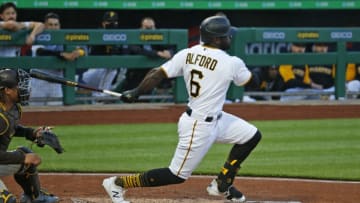 PITTSBURGH, PA - APRIL 13: Anthony Alford #6 of the Pittsburgh Pirates in action against the San Diego Padres at PNC Park on April 13, 2021 in Pittsburgh, Pennsylvania. (Photo by Justin K. Aller/Getty Images)