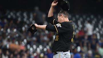 MILWAUKEE, WISCONSIN - JUNE 11: Trevor Cahill #35 of the Pittsburgh Pirates reacts in the seventh inning against the Milwaukee Brewers at American Family Field on June 11, 2021 in Milwaukee, Wisconsin. (Photo by Quinn Harris/Getty Images)