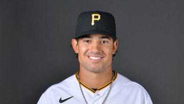 BRADENTON, FLORIDA - MARCH 16: Nick Gonzales #75 of the Pittsburgh Pirates poses for a picture during the 2022 Photo Day at LECOM Park on March 16, 2022 in Bradenton, Florida. (Photo by Julio Aguilar/Getty Images)
