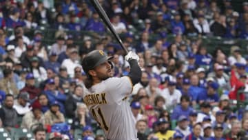CHICAGO, ILLINOIS - APRIL 24: Jake Marisnick #41 of the Pittsburgh Pirates bats against the Chicago Cubs at Wrigley Field on April 24, 2022 in Chicago, Illinois. (Photo by Nuccio DiNuzzo/Getty Images)