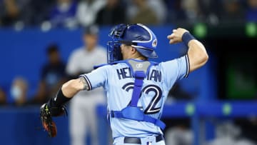 TORONTO, ON - MAY 4: Tyler Heineman #22 of the Toronto Blue Jays throws the ball during a MLB game against the New York Yankees at Rogers Centre on May 4, 2022 in Toronto, Ontario, Canada. (Photo by Vaughn Ridley/Getty Images)