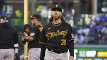 CHICAGO, ILLINOIS - MAY 16: Dillon Peters #38 of the Pittsburgh Pirates is removed during the first inning of a game against the Chicago Cubs at Wrigley Field on May 16, 2022 in Chicago, Illinois. (Photo by Nuccio DiNuzzo/Getty Images)