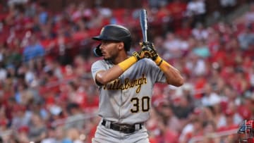 ST LOUIS, MO - JUNE 13: Tucupita Marcano #30 of the Pittsburgh Pirates at bat against the St. Louis Cardinals at Busch Stadium on June 13, 2022 in St Louis, Missouri. (Photo by Joe Puetz/Getty Images)