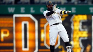 PITTSBURGH, PA - APRIL 04: Josh Harrison #5 of the Pittsburgh Pirates reacts after hitting a double in the first inning against the Minnesota Twins during inter-league play at PNC Park on April 4, 2018 in Pittsburgh, Pennsylvania. (Photo by Justin K. Aller/Getty Images)