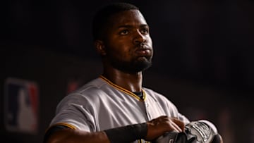 MIAMI, FL - APRIL 14: Gregory Polanco #25 of the Pittsburgh Pirates in the dugout after not making base in the fourth inning against the Miami Marlins at Marlins Park on April 14, 2018 in Miami, Florida. (Photo by Mark Brown/Getty Images)