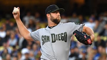 LOS ANGELES, CA - MAY 26: Jordan Lyles #27 of the San Diego Padres pitches in the first inning of the game against the Los Angeles Dodgers at Dodger Stadium on May 26, 2018 in Los Angeles, California. (Photo by Jayne Kamin-Oncea/Getty Images)