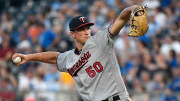 KANSAS CITY, MO - MAY 30: Aaron Slegers #50 of the Minnesota Twins pitches in the second inning against the Kansas City Royals at Kauffman Stadium on May 30, 2018 in Kansas City, Missouri. (Photo by Ed Zurga/Getty Images)