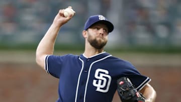 ATLANTA, GA - JUNE 16: Pitcher Jordan Lyles #27 of the San Diego Padres throws a pitch in the seventh inning during the game against the Atlanta Braves at SunTrust Park on June 16, 2018 in Atlanta, Georgia. (Photo by Mike Zarrilli/Getty Images)