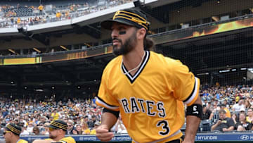 PITTSBURGH, PA - JUNE 24: Sean Rodriguez #3 of the Pittsburgh Pirates takes the field in the first inning during the game against the Arizona Diamondbacks at PNC Park on June 24, 2018 in Pittsburgh, Pennsylvania. (Photo by Justin Berl/Getty Images)