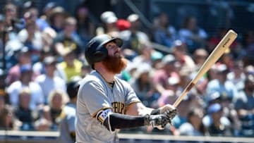 SAN DIEGO, CA - JULY 1: Colin Moran #19 of the Pittsburgh Pirates hits a grand slam during the fifth inning of a baseball game against the San Diego Padres at PETCO Park on July 1, 2018 in San Diego, California. (Photo by Denis Poroy/Getty Images)