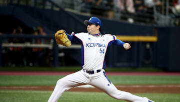 SEOUL, SOUTH KOREA - NOVEMBER 06: Pitcher Yang Hyeon-jong #54 of South Korea throws in the top of fourth inning during the WBSC Premier 12 Opening Round Group C game between South Korea and Australia at the Gocheok Sky Dome on November 06, 2019 in Seoul, South Korea. (Photo by Chung Sung-Jun/Getty Images)