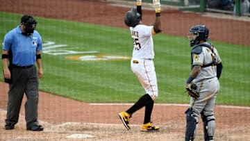 PITTSBURGH, PA - AUGUST 23: Gregory Polanco #25 of the Pittsburgh Pirates celebrates as he crosses home plate after hitting a two run home run in the eighth inning during the game against the Milwaukee Brewers at PNC Park on August 23, 2020 in Pittsburgh, Pennsylvania. (Photo by Justin Berl/Getty Images)