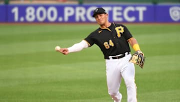PITTSBURGH, PA - JULY 22: Phillip Evans #64 of the Pittsburgh Pirates in action during the exhibition game against the Cleveland Indians at PNC Park on July 22, 2020 in Pittsburgh, Pennsylvania. (Photo by Justin Berl/Getty Images)