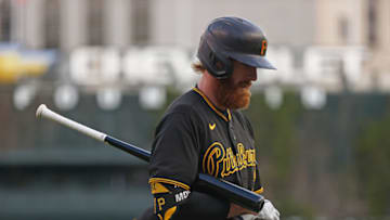DETROIT, MICHIGAN - APRIL 21: Colin Moran #19 of the Pittsburgh Pirates reacts to striking out in the third inning while playing the Detroit Tigers during the second game of a double header at Comerica Park on April 21, 2021 in Detroit, Michigan. (Photo by Gregory Shamus/Getty Images)