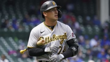 CHICAGO, ILLINOIS - MAY 08: Phillip Evans #24 of the Pittsburgh Pirates reacts after striking out during the first inning of a game against the Chicago Cubs at Wrigley Field on May 08, 2021 in Chicago, Illinois. (Photo by Nuccio DiNuzzo/Getty Images)