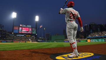 PITTSBURGH, PA - JULY 31: Andrew McCutchen #22 of the Philadelphia Phillies waits on deck during the game against the Pittsburgh Pirates at PNC Park on July 31, 2021 in Pittsburgh, Pennsylvania. (Photo by Justin Berl/Getty Images)